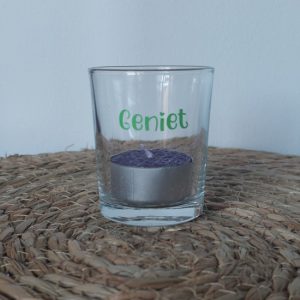 Glazen waxinelichthouder Geniet